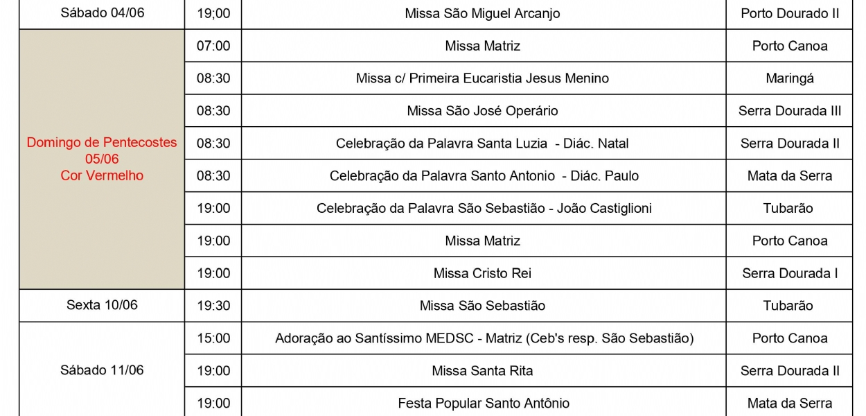 Imagem de AGENDA DE MISSAS E CELEBRAES JUNHO 2022