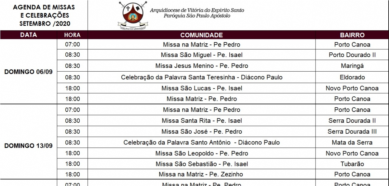 Imagem de AGENDA DE MISSAS E CELEBRAES SETEMBRO/2020